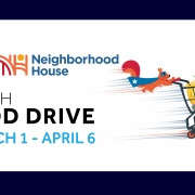 LGN and Neighborhood House March Food Drive graphic with squirrel pushing grocery cart, March 1 to April 6