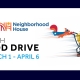 LGN and Neighborhood House March Food Drive graphic with squirrel pushing grocery cart, March 1 to April 6